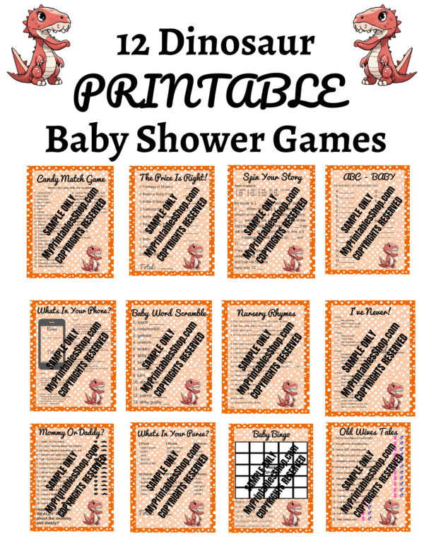 Dinosaur Baby Shower Game Bundle Plus Banner and Flag Bonuses