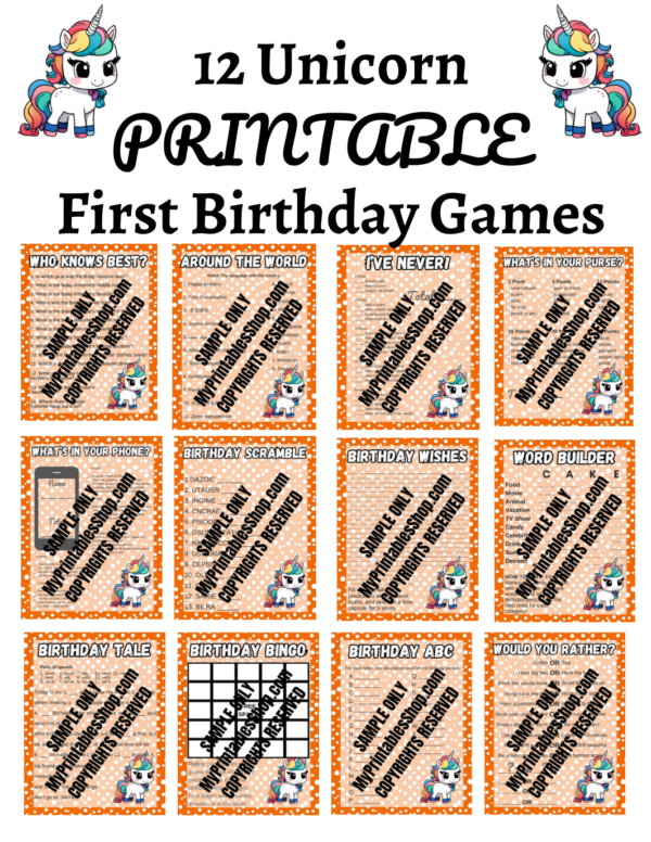 Unicorn First Birthday Game Bundle Plus Banner and Flag Bonuses