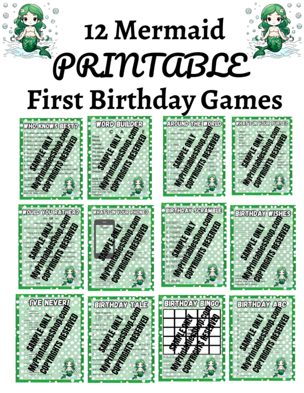 Mermaid First Birthday Game Bundle Plus Banner and Flag Bonuses