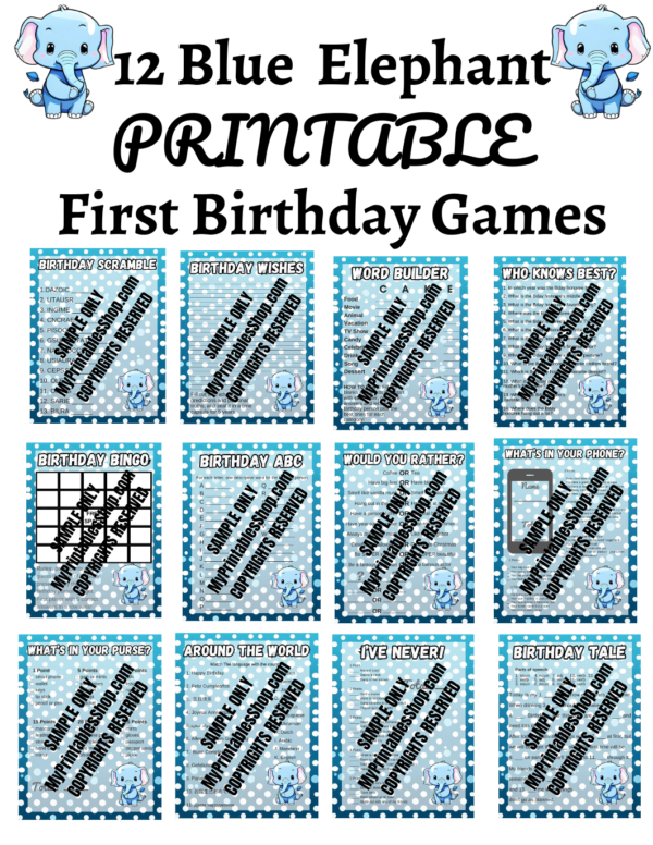 Blue Elephant First Birthday Game Bundle Plus Banner and Flag Bonuses