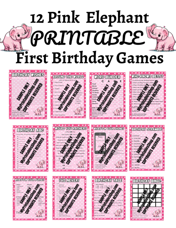 Pink Elephant First Birthday Game Bundle Plus Banner and Flag Bonuses